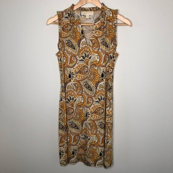 Michael Kors Neutral Paisley Printed V-neck Shift Dress Size XS - Picture 1 of 6
